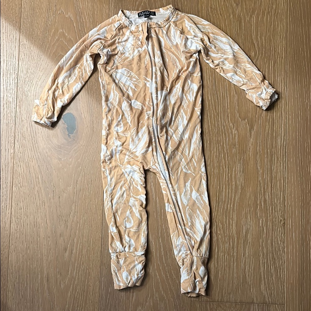 Kahakai Collection Kids One Piece in Tan and White Ti leaves